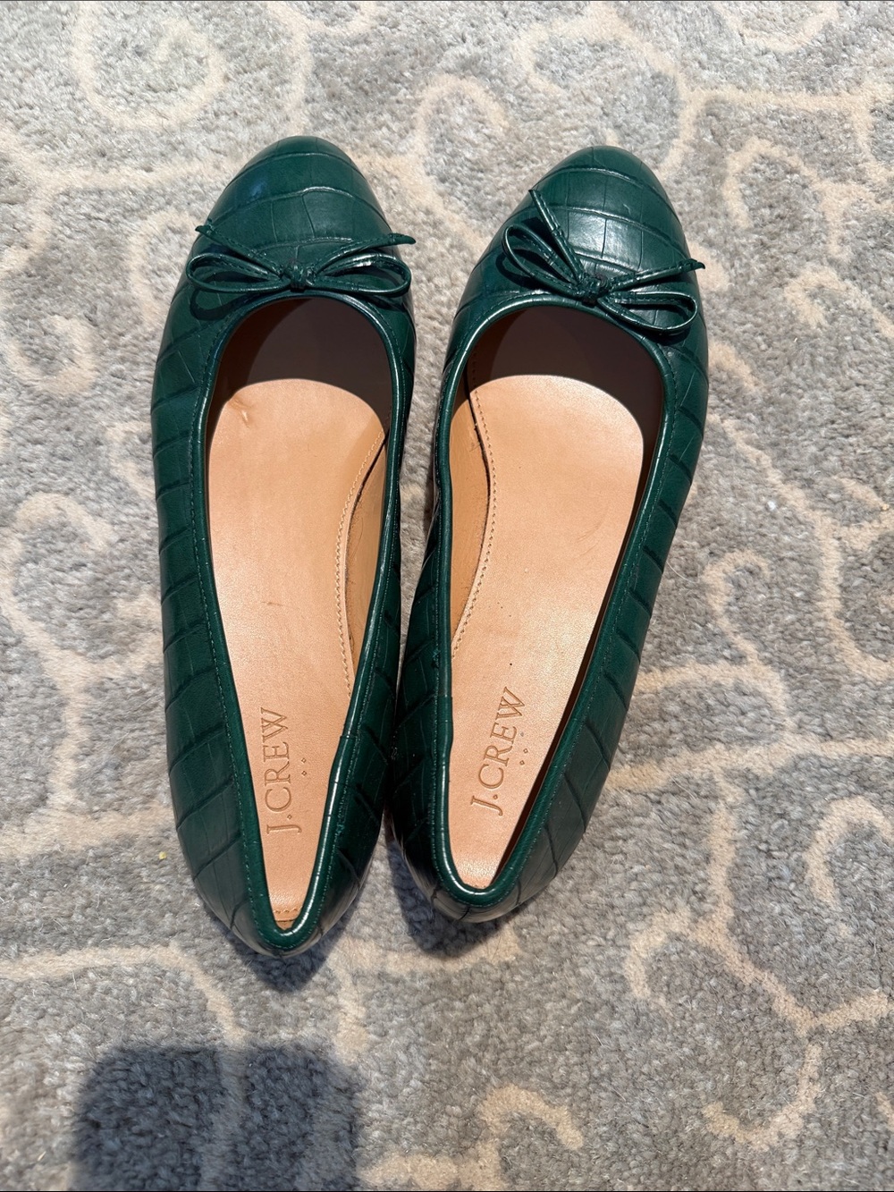 J. Crew Emerald Quilted Leather Pointed Toe Ballet Flats with Bow
